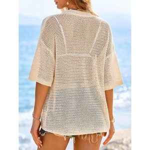 Custom <b>Women's</b> Crochet Cardigan Short Sleeve Summer Button Down Collared Loose Cover Up Shirt Knitted <b>Top</b> - Product Image 5