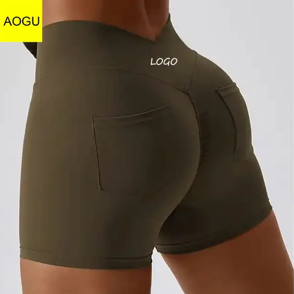 Pantalones cortos de cintura alta con logotipo personalizado para fitness, correr, gimnasio, ropa deportiva ajustada, mallas de yoga para mujer