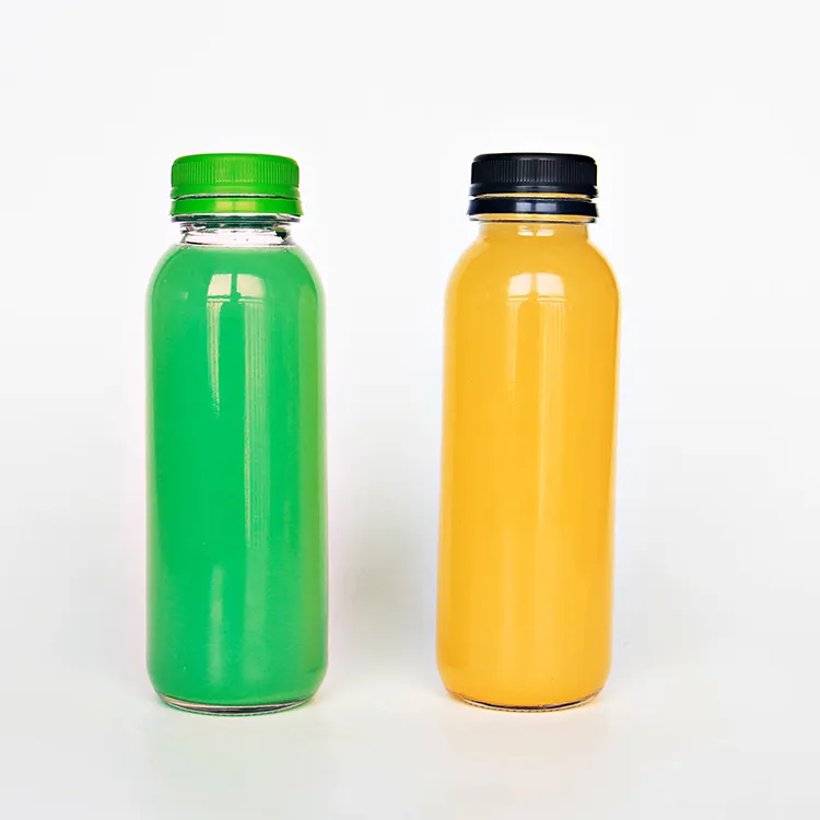 Transparent OEM 300Ml Juice Bottle Juice Drink Beverage Mineral Plastic Lid Round Beverage Filling Glass Liquid Bottle