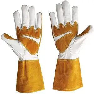 TIG MIG Welding White Yellow Argon 14 Inch Top Cow Split Cuff Sheep Palm Leather High Dexterity Extra Electric Gloves