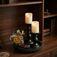 Ensemble de porte-bougies décoratifs en métal noir mat avec plateau en bois perlé pour la salle à manger, le salon et la décoration intérieure