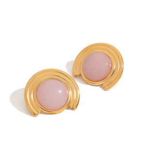 <b>Stud</b> <b>Earrings</b> Round Rose Quartz Gold Plated Geometric Design Bezel Setting Fashion Jewelry - Product Image 5
