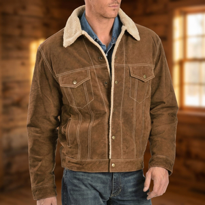Men's Brown <b>Suede</b> <b>Leather</b> <b>Jacket</b> With Sherpa Lining Turn-down Collar Workwear Style Winter Windproof Thick Regular Fit - Product Image 4
