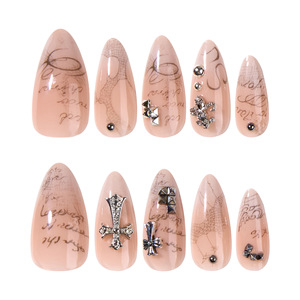 Faux ongles courts en amande à presser, couleur nude avec motif lettre, croix et <span class=keywords><strong>strass</strong></span>, pour femmes - Product Image 3
