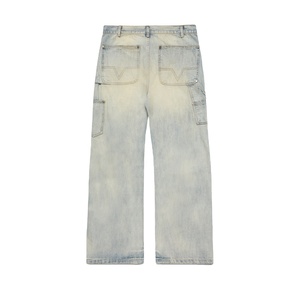 Pantalones de carpintero con apertura de pierna acampanada para hombre personalizados, doble rodilla, lavado ligero, decoloración, ligero amarilleo, Deni amarillo acampanado - Product Image 2