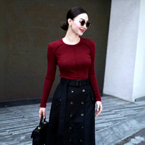 A479 Women's Slim Fit Crew Neck <b>Long</b> <b>Sleeve</b> Ribbed Knit Minimalist Business Casual <b>Top</b> Spandex/Cotton Quick Dry Breathable - Product Image 1