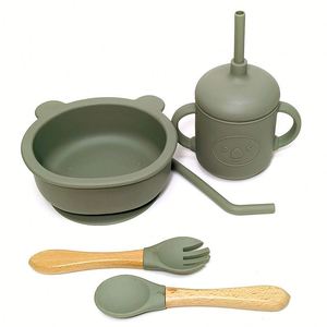 ชุดจานชามซิลิโคนสำหรับเด็ก ลายหมี พร้อมจานรองกันลื่น สำหรับฝึกทานอาหารเด็กอ่อน - Product Image 4