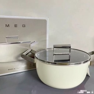 Smeg Soup Stock <b>Pot</b> 24Cm <b>Non</b> <b>Stick</b> Porcelain Enamel Double Handle With Glass Lid Made In Italy - Product Image 1
