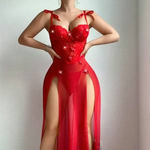 Sexy Long Dress Red Suspender Three-Dimensional Embroidery Flower Pearl Mesh High Slit Sexy Lingerie Dress for Women - Product Image 1