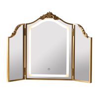 Miroir de maquillage Art Déco doré sculpté en forme d'arche, pliable en trois parties, avec lumière LED tricolore et interrupteur tactile, 31x23 pouces