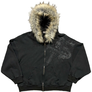 <span class=keywords><strong>Felpa</strong></span> <span class=keywords><strong>con</strong></span> Cappuccio Y2k Streetwear <span class=keywords><strong>con</strong></span> Fodera in Ecopelliccia e Grafica di Ali di Teschio, Zip-up Oversize Stile Gotico Personalizzabile - Product Image 1