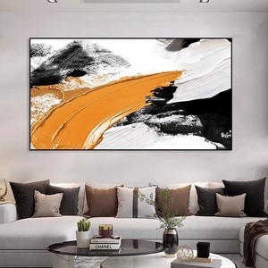 Pintura al óleo pintada a mano, arte abstracto en lienzo negro, blanco y naranja, decoración moderna enmarcada rectangular para sala de estar, pared de entrada - Product Image 4