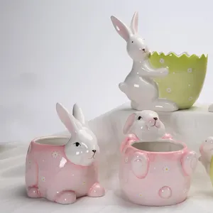 Spring Easter Decor Home Desktop Decor Ceramic Bunny Rabbit Holding Basket Bunny Eggs Figurine
