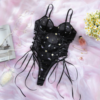 Body sexy brodé Daisy pour femme, en résille transparente, push-up, teddy, à bretelles croisées, lingerie exotique une pièce
