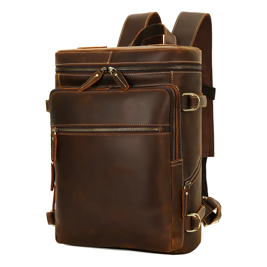 Custom Logo Vintage Retro Travel Laptop Cowhide Crazy Horse Cow Leather Back Pack Bags Men Genuine Leather Backpack