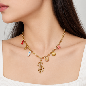 Ocean Motif Charm Necklace Stainless Steel 14K <b>Gold</b> Vacuum Plated Enamel Ceramic 440 mm Plus 60 mm 31.4 g - Product Image 5