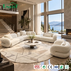 Ensemble de canapés sculpturaux modernes haut de gamme en tissu bouclé avec garniture contrastante, idéal pour les projets d'aménagement intérieur de villas - Product Image 4