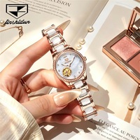 JINSHIDUN 8864 Montre mécanique automatique élégante pour femme, avec logo personnalisé OEM, squelette diamanté, lumineuse et étanche