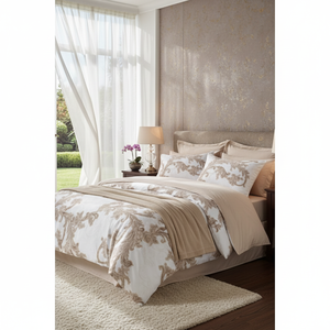 Juego de Funda Nórdica Doble Loren Beige de Satén de Algodón con Técnica de Tejido Floral, Disponible en Tamaños King, Queen y Twin para Hogar, Cama, Boda, Hotel - Product Image 3