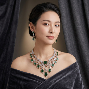 ชุดสร้อยคอทองเหลืองหรูหราประดับมรกตสีเขียวและเพชรคิวบิกเซอร์โคเนีย พร้อมต่างหูเข้าชุด เหมาะสำหรับเจ้าสาว - Product Image 2