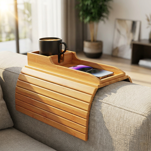 Bandeja de bambú personalizada para reposabrazos de sofá, organizador desmontable para sofá, soporte para aperitivos y control remoto, consola plegable para sofá, organizador con portavasos para el hogar - Product Image 5