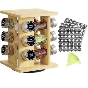 Bamboo Wood <b>Rotating</b> <b>Spice</b> <b>Rack</b> Double Layer Airtight Storage With Labels And Funnel For Kitchen Use - Product Image 1