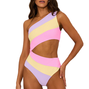 Recién Llegado: Traje de Baño Monokini de Una Pieza para Mujer, con Hombro Descubierto, Push-Up, Corte Alto, Texturizado, Estampado a Rayas, Sólido y con Estampados de Animales - Product Image 1