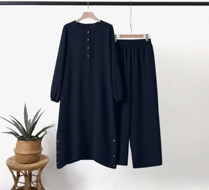 HANO abbigliamento islamico estivo 2024 donna abito musulmano camicetta con bottoni e pantaloni Set di abiti Muslim Abaya tunica lunga top - Product Image 6