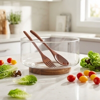 Ensemble de saladiers en verre avec couvercle en bois d'acacia et ustensiles de service – Élégant et pratique pour la cuisine et la salle à manger – Vente en gros OEM