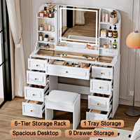 Grande coiffeuse moderne avec 9 tiroirs et tabouret, bureau de maquillage avec lumières LED et miroir, plateau en verre, organisateur de bureau