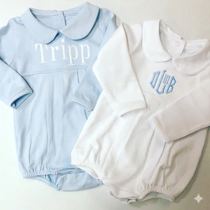 Body per Neonati in Cotone 95% con Colletto Peter Pan Blu e Bianco, Personalizzabile con Nome e Logo, Manica Lunga - Product Image 1