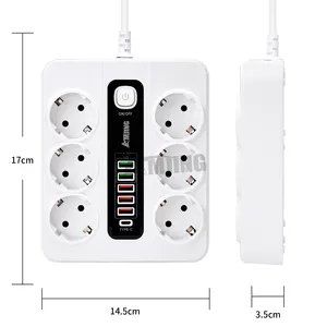 Hot sale 3000W 10A 250V 6 way extension sockets multiple surge protector power strip eu with usb c