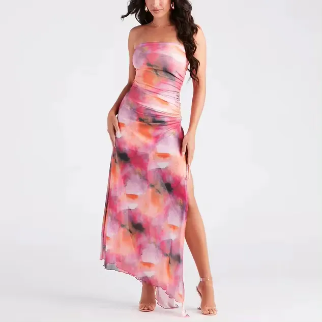 Lãng Mạn Strapless Nhiệt đới Lá In Maxi Dress Đùi Cao Slit Lụa Voan Ăn Mặc Cho Bữa Tiệc Buổi Tối Kỳ Nghỉ