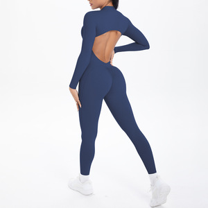 Tuta Intera da Donna a <span class=keywords><strong>Maniche</strong></span> <span class=keywords><strong>Lunghe</strong></span> con Schiena Scavata e Mezza Cerniera, Abbigliamento Sportivo Elasticizzato per Palestra e Yoga - Product Image 4