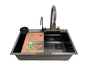 Évier de cuisine en acier inoxydable fait main <span class=keywords><strong>avec</strong></span> robinet <span class=keywords><strong>cascade</strong></span>, tuyau de vidange et revêtement nano brossé, pour évier simple - Product Image 5