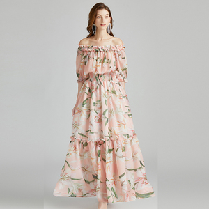 2021 Apparel Stocklot Sexy Off-The-Shoulder Evening-Neck <strong>Tulip</strong> Print Elastic High-Waisted Big Hem Appointment <strong>Dress</strong> - Product Image 4