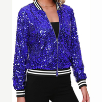 Blouson aviateur à manches longues brodé de paillettes pour femmes avec fermeture éclair avant en coton et poignets côtelés pour manteaux de danse de fête