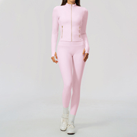 Jaket Wanita Kerah Tegak Resleting, Legging Pinggang Tinggi, Set Yoga, Ritsleting Emas, Lubang Jempol, Pakaian Olahraga Fitness, Tersedia 5 Warna