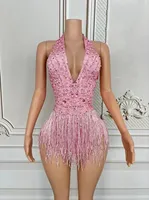 Combinaison rose en rayonne à décolleté plongeant et franges, longueur genou, sexy, pour femme, idéale pour danseuses Gogo, chanteuses, costumes de scène, ou tenues de mannequins de défilés automobiles