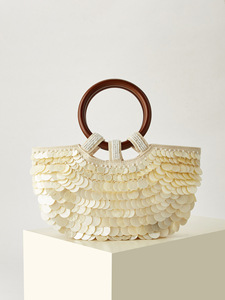 Handmade <b>Sequin</b> Shell <b>Handbag</b> Women Vintage Wooden Ring Tote Bag French Style Evening Clutch Detachable Chain Crossbody Purse - Product Image 5