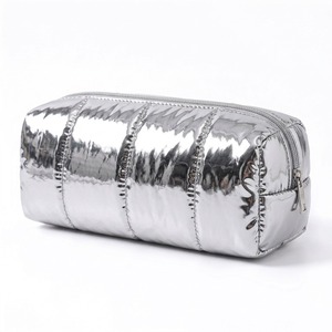 Pochette cosmétique mini portable en métal, légère et durable, argentée brillante, en nylon matelassé, étui à maquillage fin, trousse à crayons zippée - Product Image 6