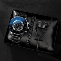 Ensemble Montre à Quartz Décontractée et Professionnelle en Alliage d'Acier Inoxydable Écologique pour Homme, avec Bague, Collier Croix et Bracelet – Style Genève