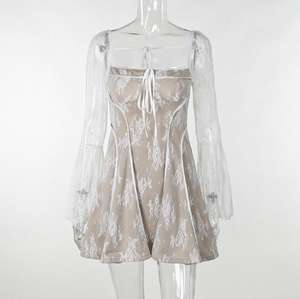 Günlük Elbiseler Vintage Çiçekli Dantel Mini Elbise Kadınlar İçin Zarif Kloş Uzun Kollu A Kesim Seksi Balo Akşam Partisi - Product Image 6