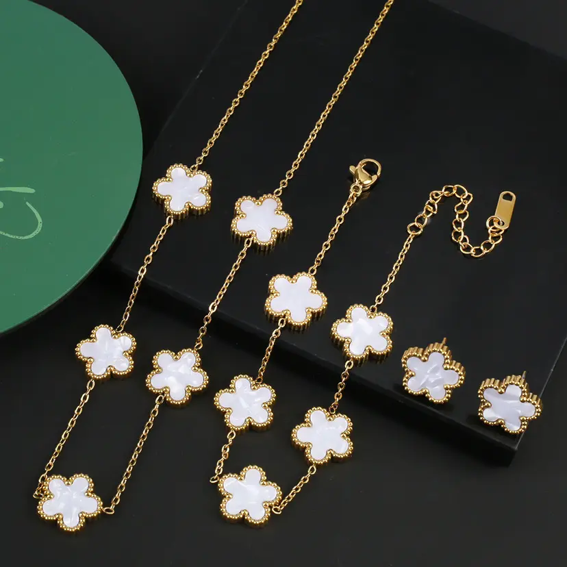3 unids/set de alta calidad 18K chapado en oro conjunto de joyas de acero inoxidable pendientes de moda collar pulsera conjunto de flores para mujer