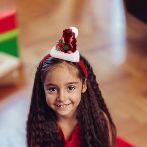 Christmas <b>Sequined</b> Santa Hat Headband With Pom Pom And Holly For Holiday Party Unisex Accessory - Product Image 2