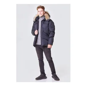 Sport style natural down winter & autumn jacket for men with zipper and fur hood/ Oversize men's winter coat for cold weather