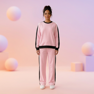 Survêtement rose pour femme, pantalon de survêtement long, col rond, coupe ample, couleur unie, coton respirant, tenue décontractée d'automne - Product Image 1