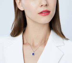 Collar de moda para mujer, collar de plata de ley S925 con piedra preciosa ovalada azul y diamantes (también se puede hacer en cobre) - Product Image 4