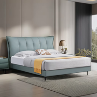 Cama de cuero minimalista italiana, cama principal suave moderna de alta calidad, marco de madera maciza, cama doble lateral al ras