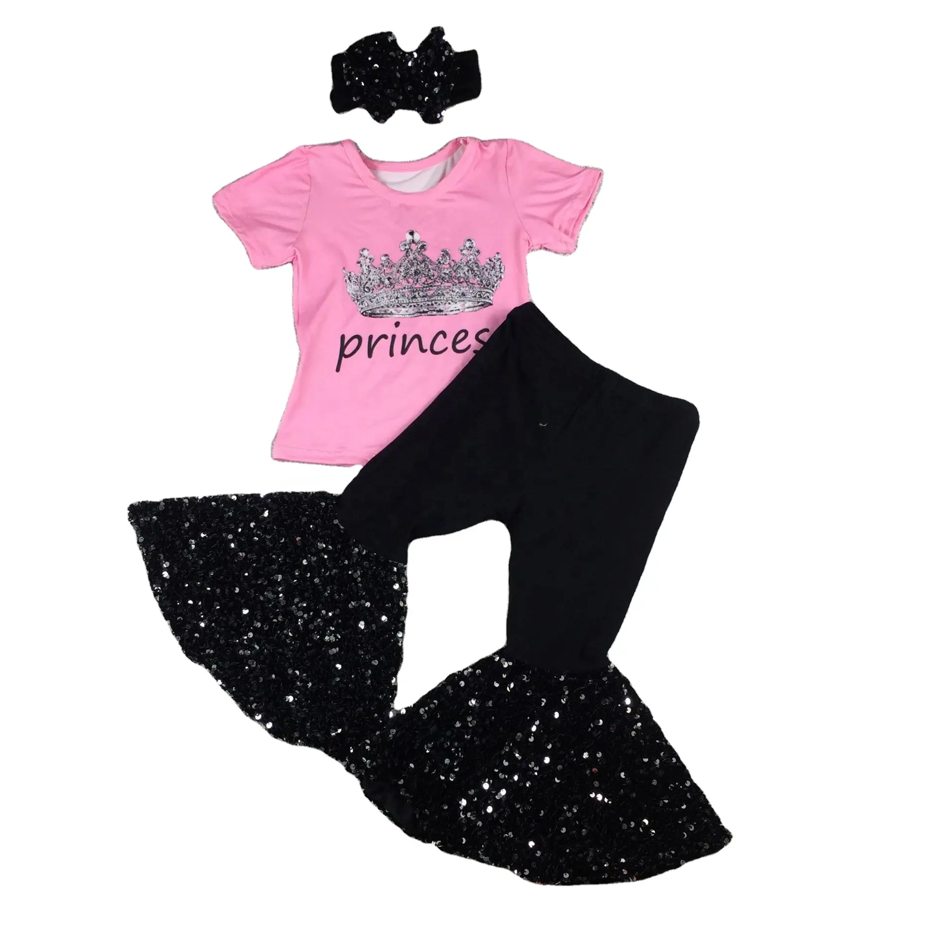 Summer princess kids clothes kids cute outfits designer baby lovely black shiny sequin bottoms sets hot sale